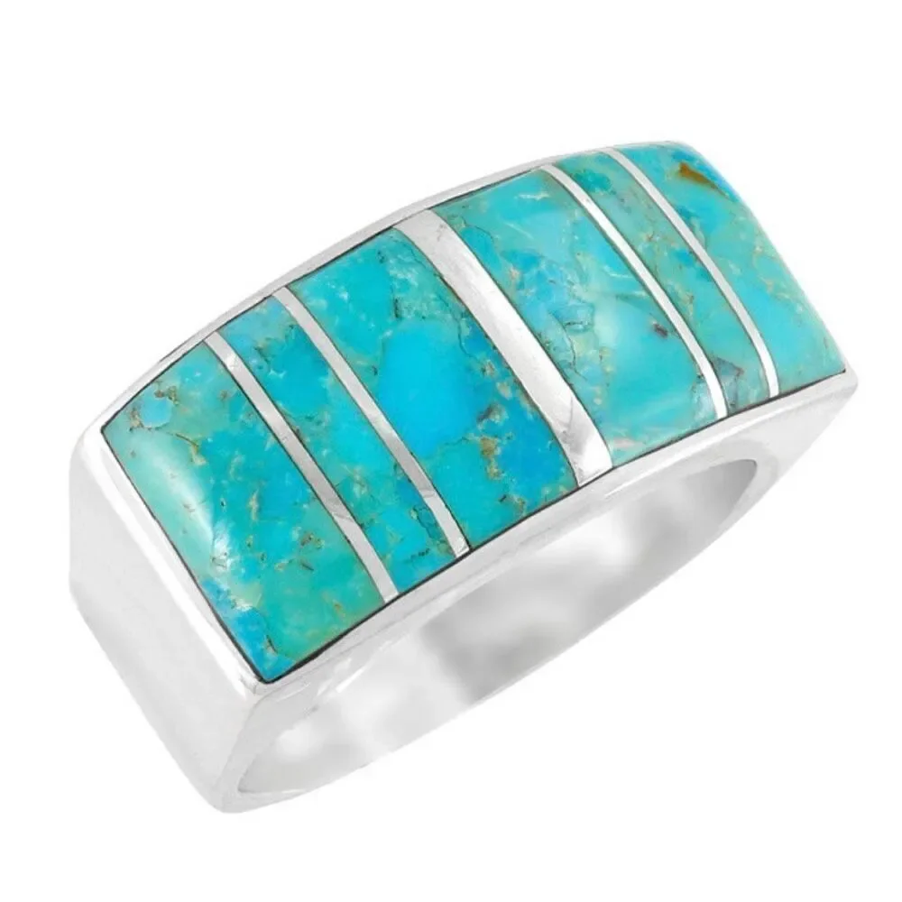 Southwestern Turquoise Inlay Statement Ring - Wide Sterling Silver Band